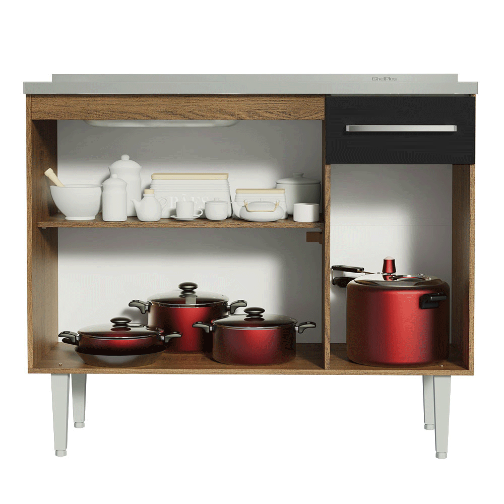 Balcão Gabinete com Pia 3 Portas e 1 Gaveta 105cm Rustic/Preto Emilly Madesa