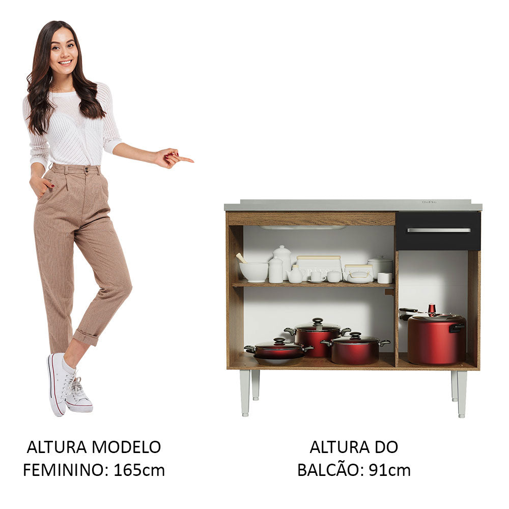 Balcão Gabinete com Pia 3 Portas e 1 Gaveta 105cm Rustic/Preto Emilly Madesa