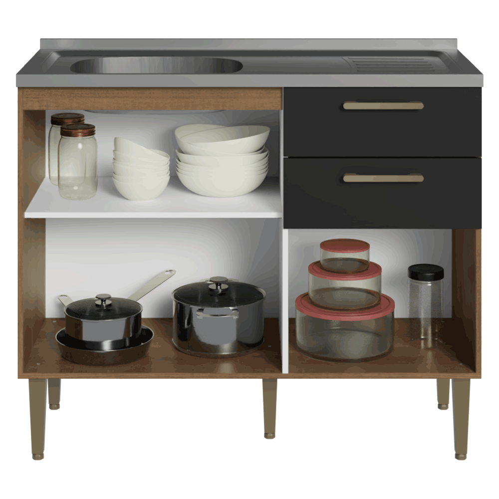 Balcão de Cozinha com Pia 105 cm 3 Portas 2 Gavetas Rustic/Preto Lille Madesa