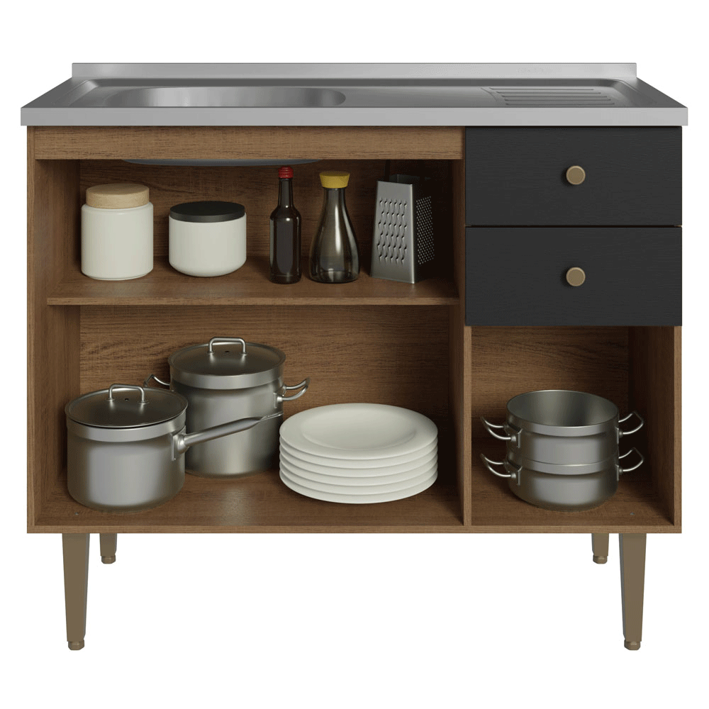 Balcão Gabinete com Pia 3 Portas e 2 Gavetas 105cm Rustic/Preto Gourmet Madesa