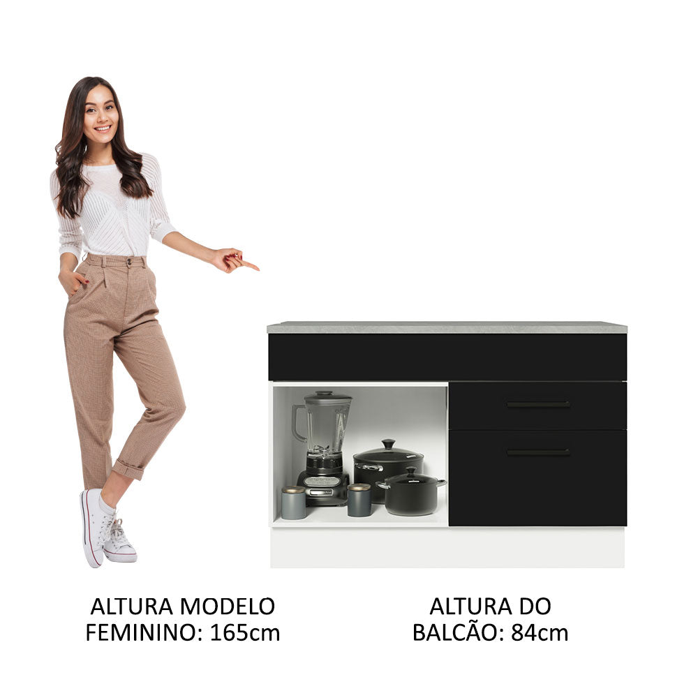 Balcão Cozinha 1 Porta e 2 Gavetas (Com Tampo) Branco/Preto Agata Madesa