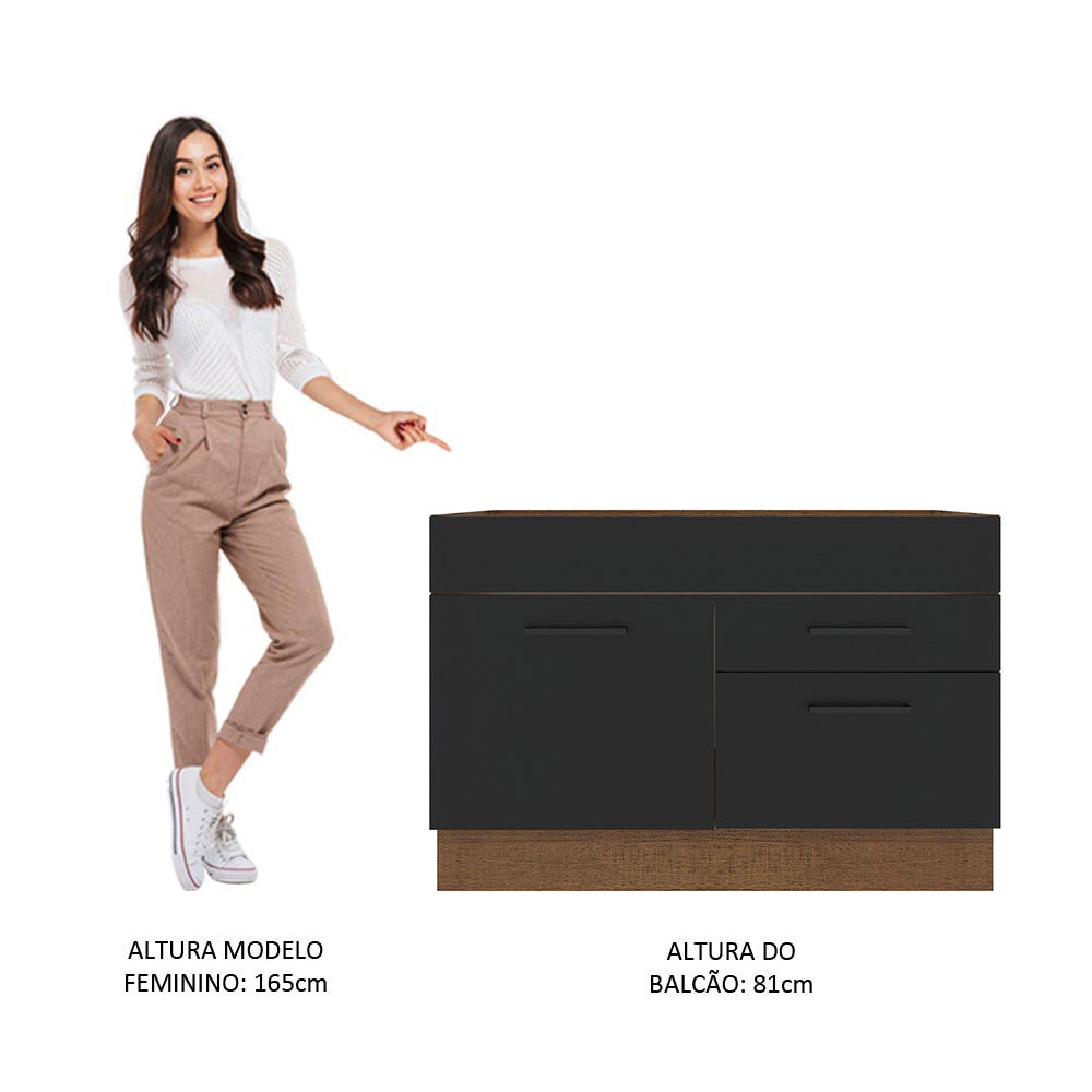 Balcão Gabinete de Pia Madesa Agata 1 Porta e 2 Gavetas (Sem Tampo e Pia) Rustic/Preto