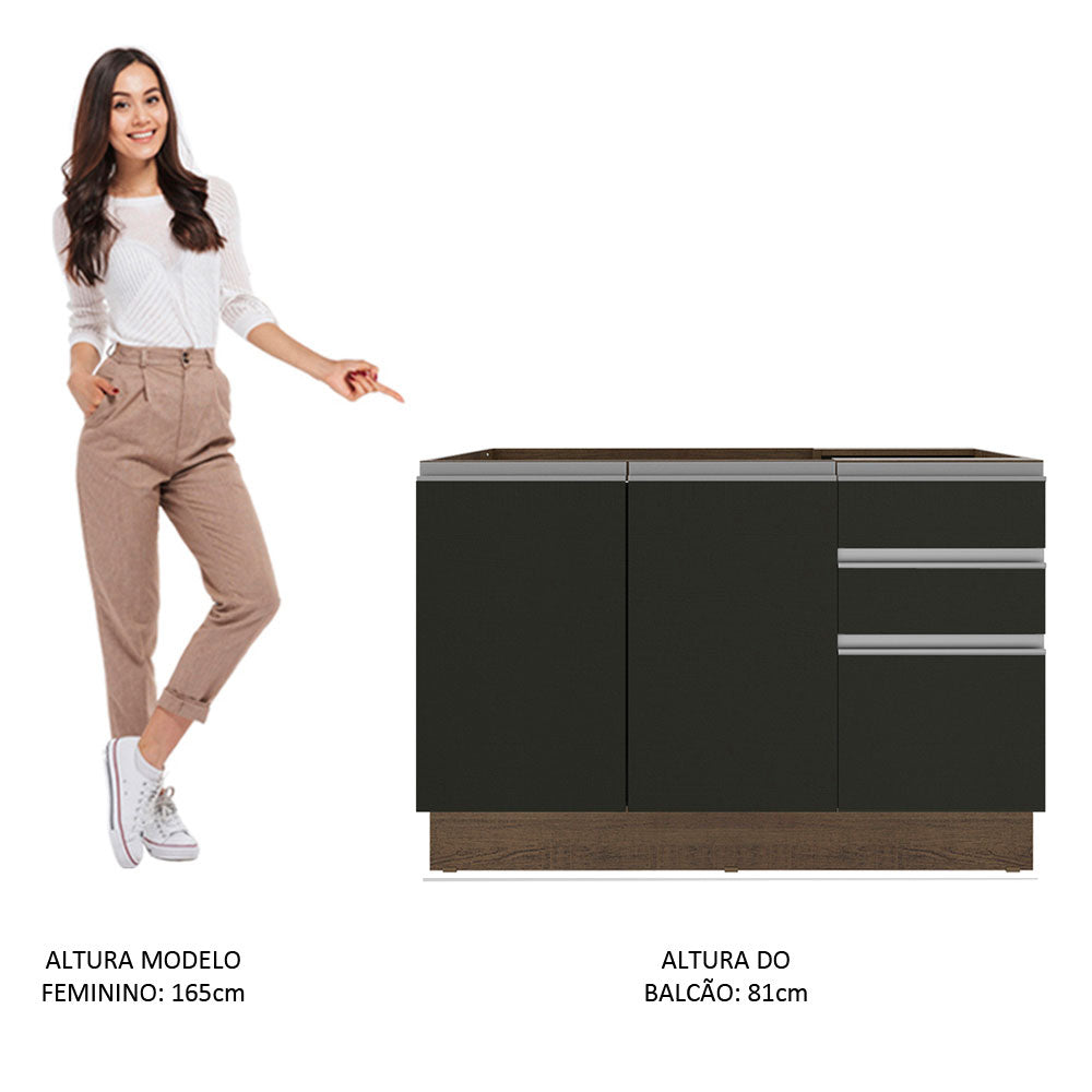 Balcão Gabinete de Pia Madesa Glamy 120 cm 2 Portas e 3 Gavetas (Sem Tampo e Pia) Rustic/Preto