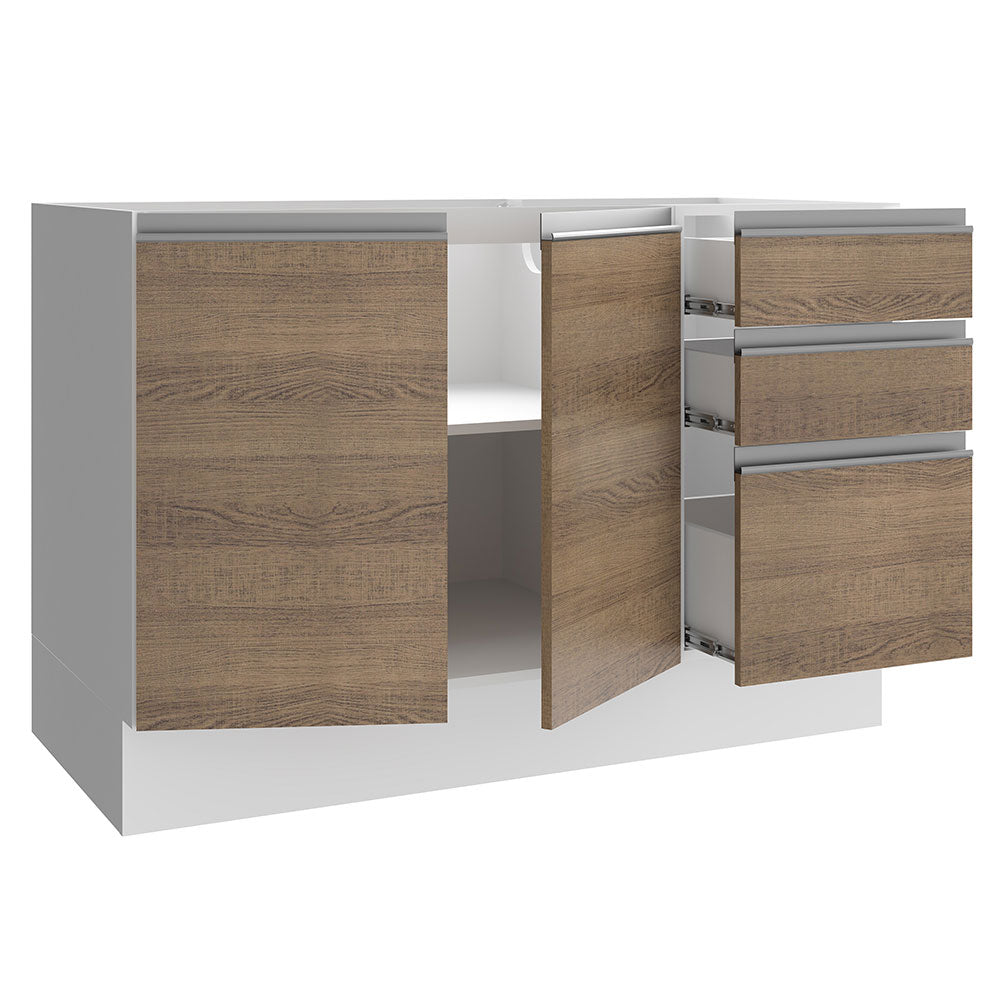 Balcão Gabinete de Pia Madesa Glamy 120 cm 2 Portas e 3 Gavetas (Sem Tampo e Pia) Branco/Rustic