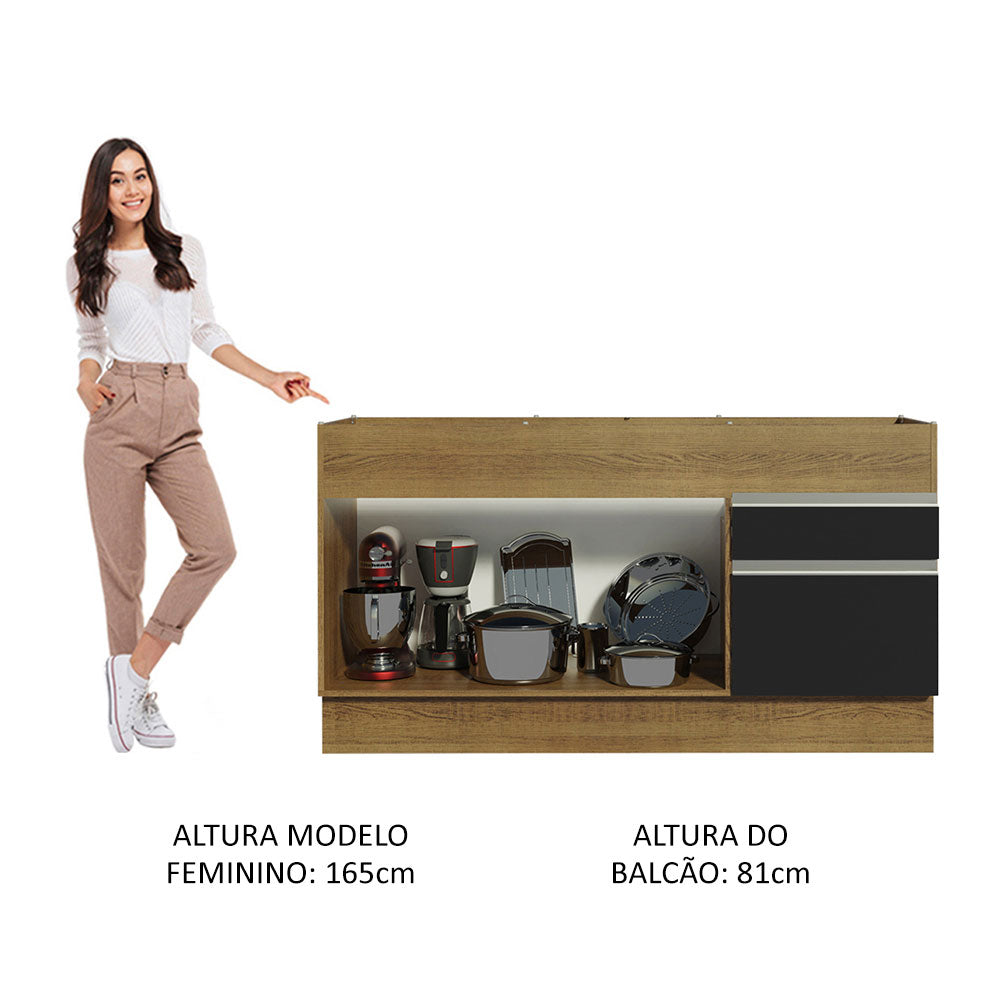 Balcão de Pia Madesa Glamy 150 cm 2 Portas e 2 Gavetas (Sem Tampo e Pia) Rustic/Preto