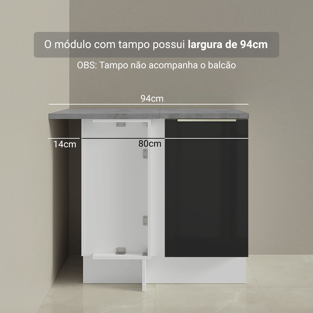 Balcão de Canto 1 Porta (Sem Tampo) Branco/Preto Lux Madesa