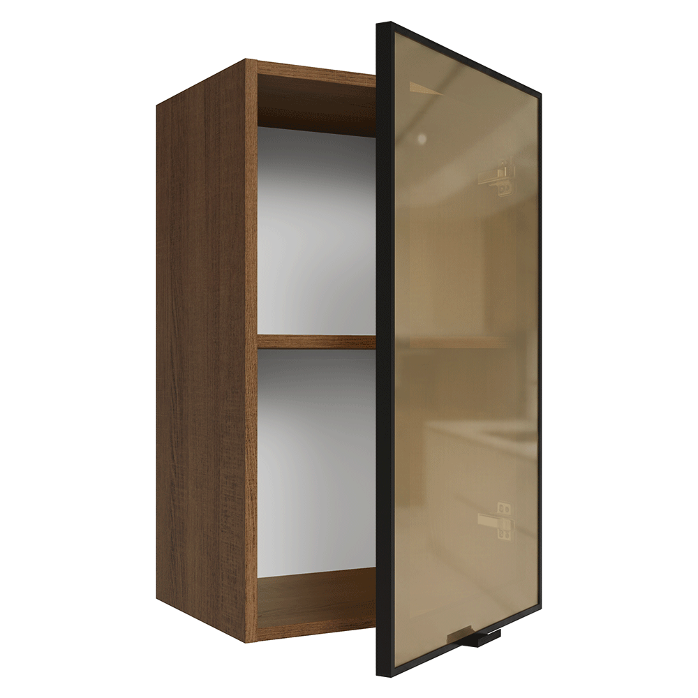 Armário Aéreo de Cozinha 1 Porta 40 cm Rustic/Preto Vidro Reflecta Bronze Vinil Madesa