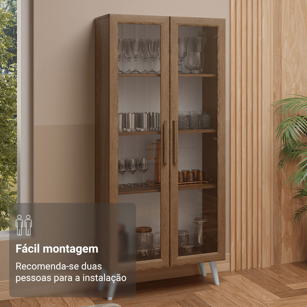 Cristaleira 70 cm 2 Portas de Vidro com Pés Cônicos Rustic/Branco Madesa