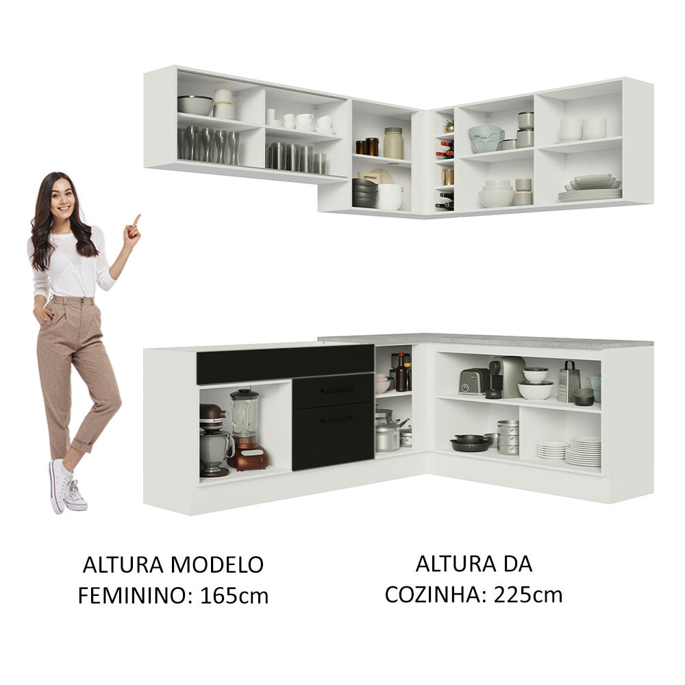 Armário de Cozinha Completa de Canto 389cm Branco Preto Agata Madesa 01