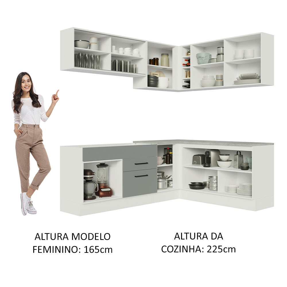 Armário de Cozinha Completa de Canto 389cm Branco Cinza Agata Madesa 01