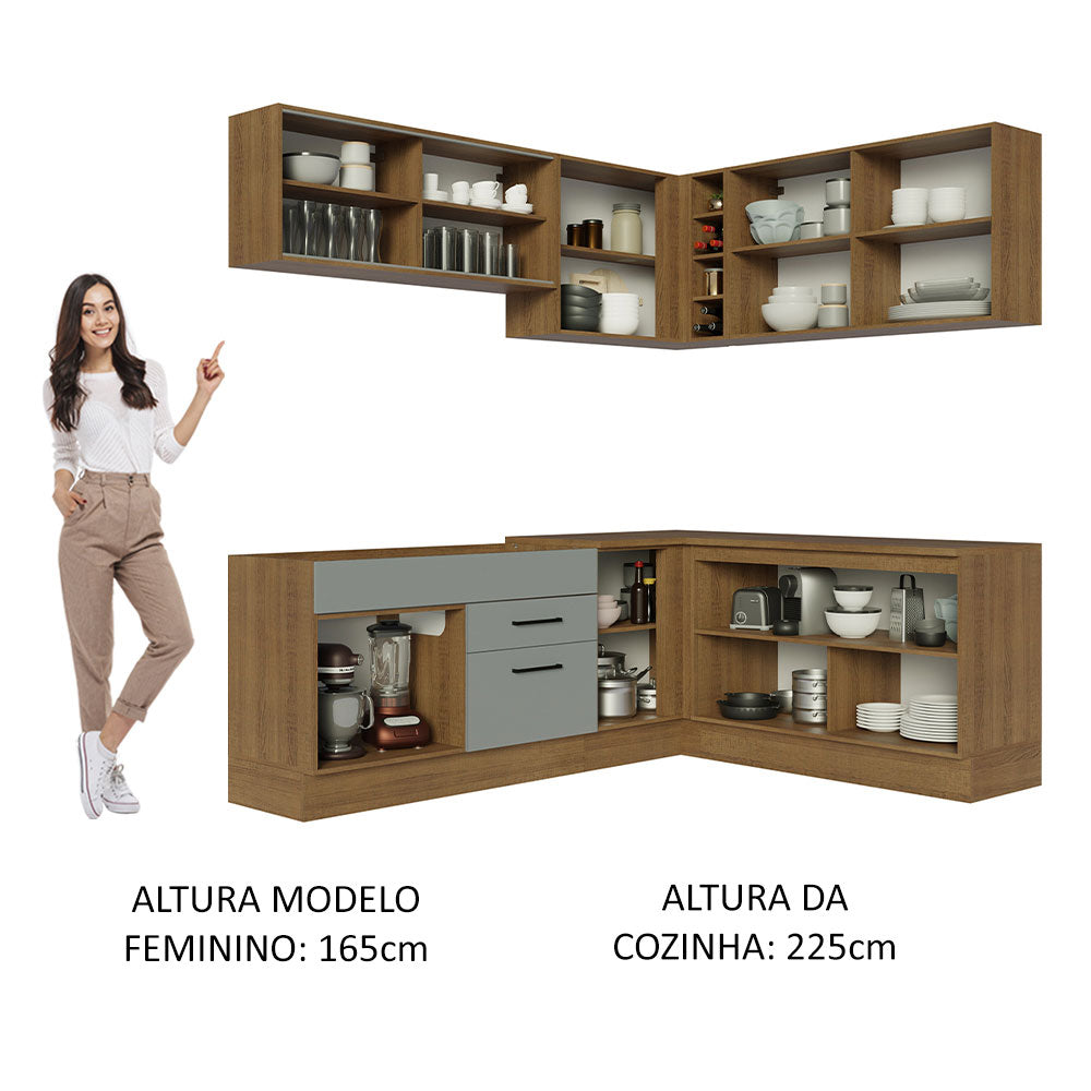 Armário de Cozinha Completa de Canto 389cm Rustic Cinza Agata Madesa 01