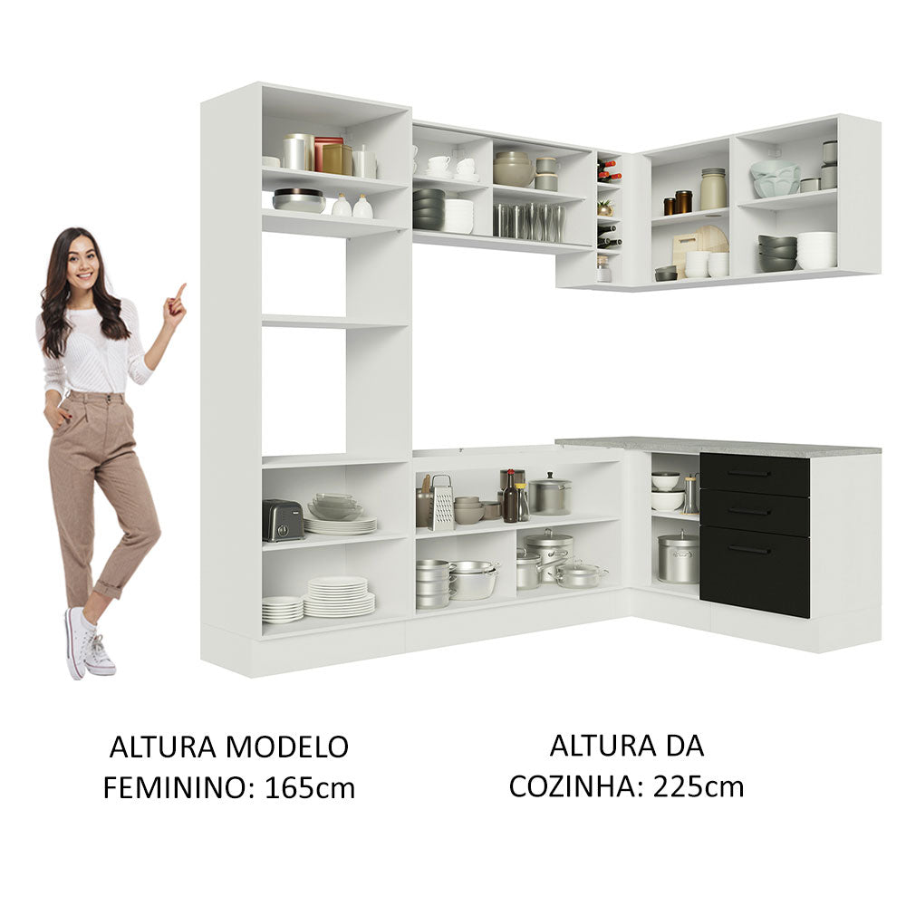 Armário de Cozinha Completa de Canto 399cm Branco Preto Agata Madesa 01