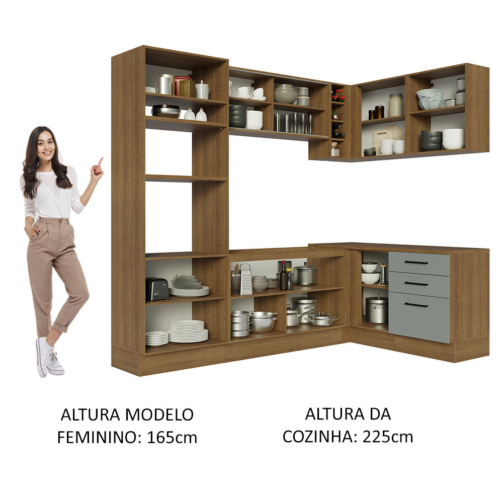 Armário de Cozinha Completa de Canto 399cm Rustic Cinza Agata Madesa 01