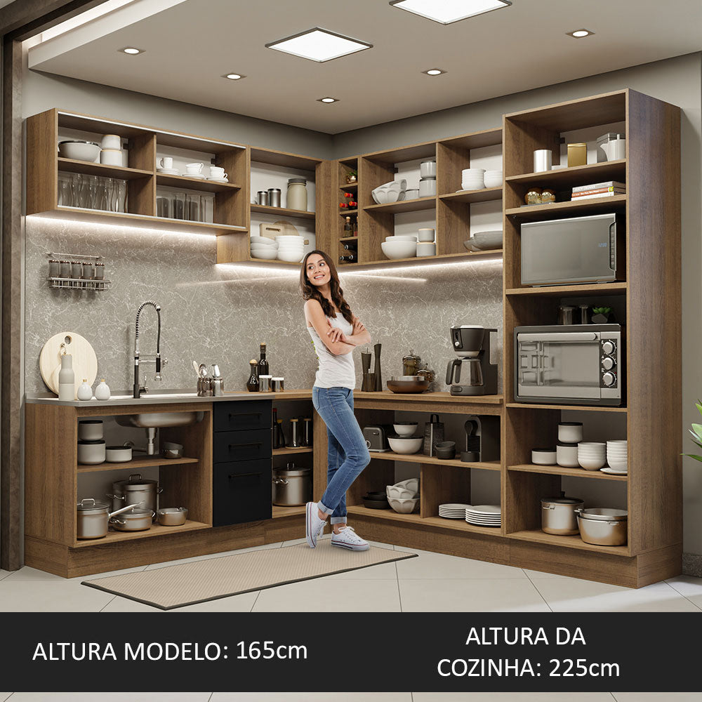 Armário de Cozinha Completa de Canto 459cm Rustic Preto Agata Madesa 01
