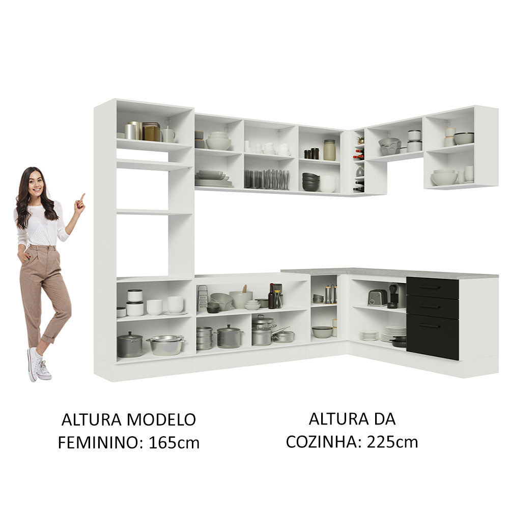 Armário de Cozinha Completa de Canto 479cm Branco Preto Agata Madesa 01