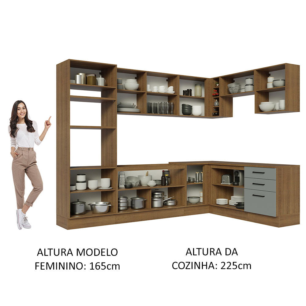Armário de Cozinha Completa de Canto 479cm Rustic Cinza Agata Madesa 01