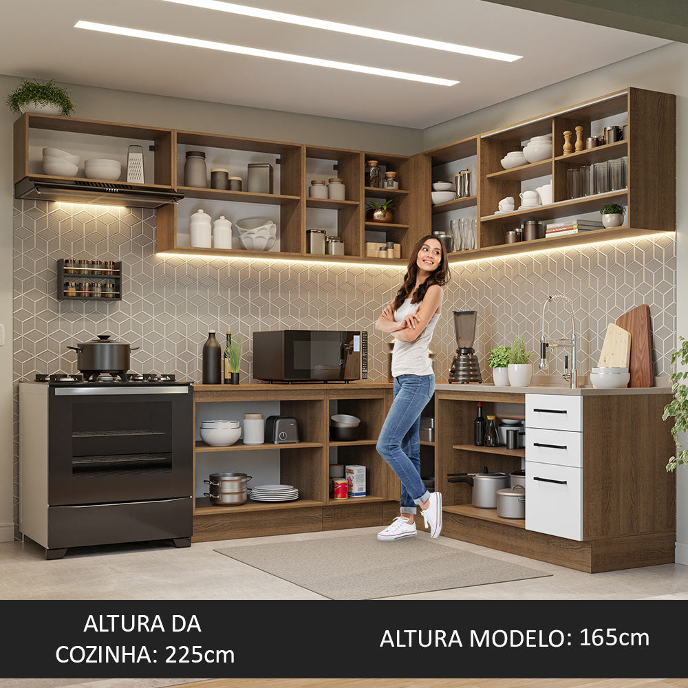 Armário de Cozinha Completa de Canto 486cm Rustic/Branco 60cm de Profundidade Agata Madesa 01