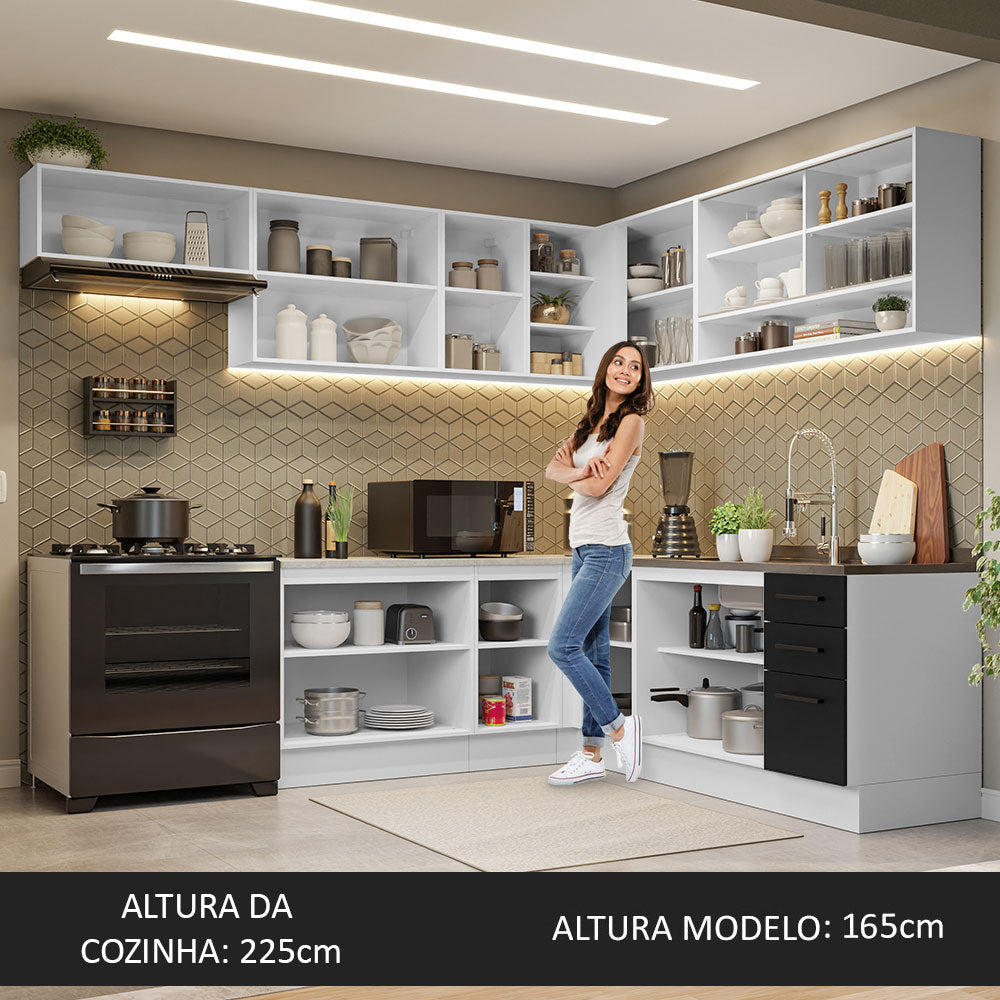 Armário de Cozinha Completa de Canto 486cm Branco/Preto 60cm de Profundidade Agata Madesa 01