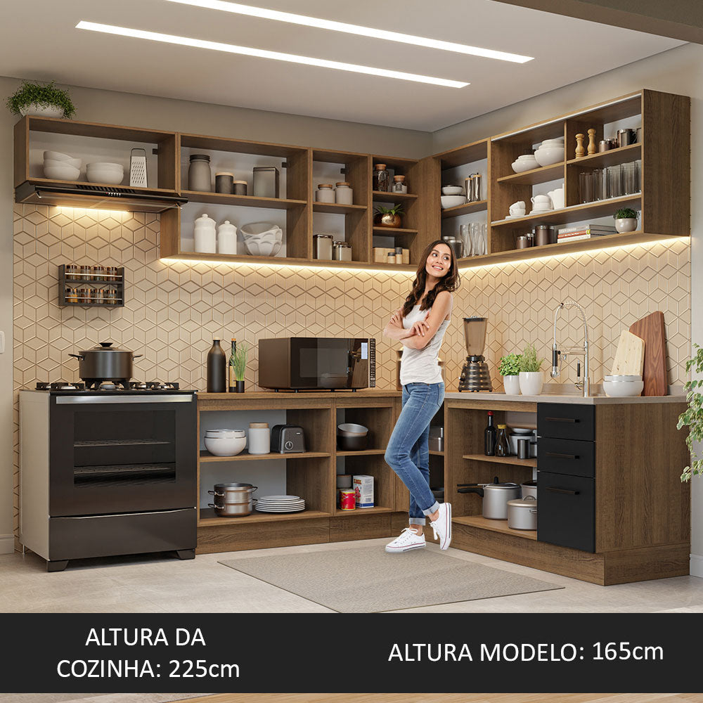 Armário de Cozinha Completa de Canto 486cm Rustic/Preto 60cm de Profundidade Agata Madesa 01