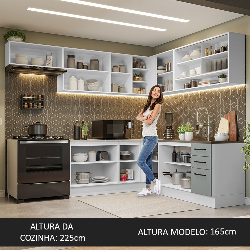 Armário de Cozinha Completa de Canto 486cm Branco/Cinza 60cm de Profundidade Agata Madesa 01