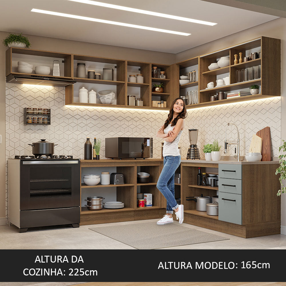Armário de Cozinha Completa de Canto 486cm Rustic/Cinza 60cm de Profundidade Agata Madesa 01