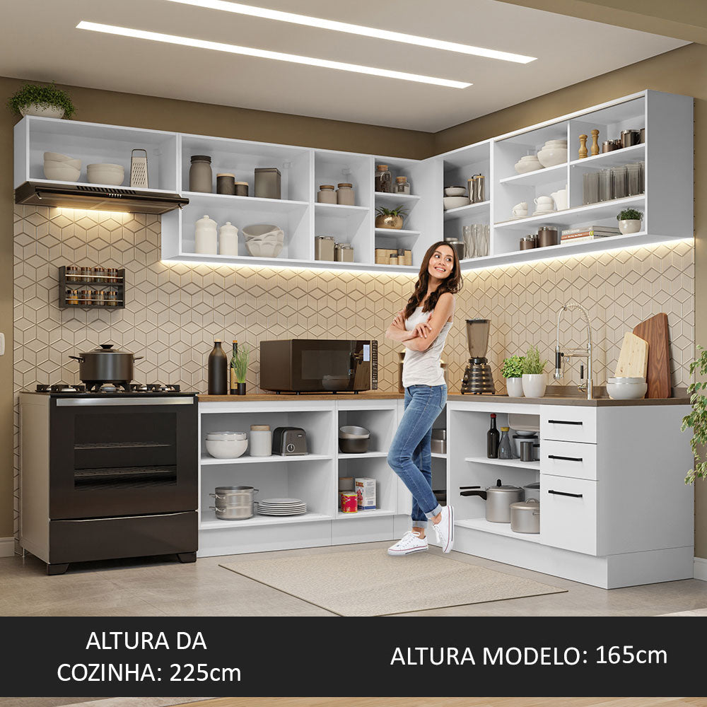 Armário de Cozinha Completa de Canto 486cm Branco Tampo Rustic 60cm de Profundidade Agata Madesa 01