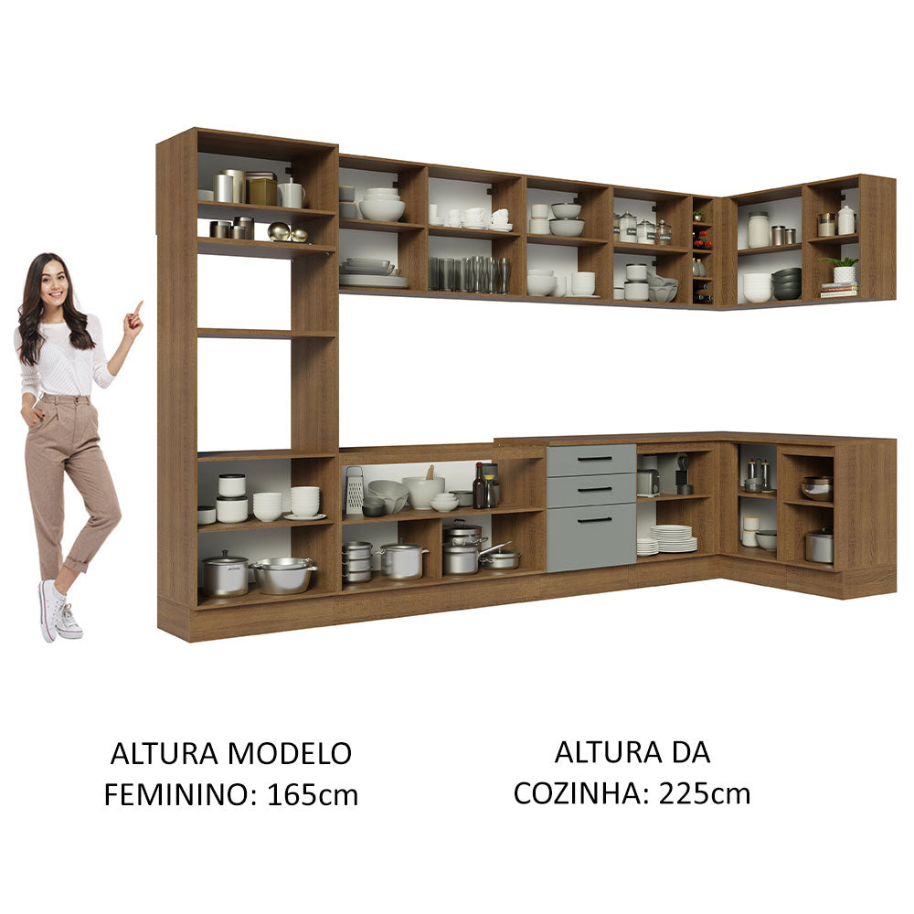 Armário de Cozinha Planejada de Canto 499cm Rustic/Cinza Agata Madesa 01
