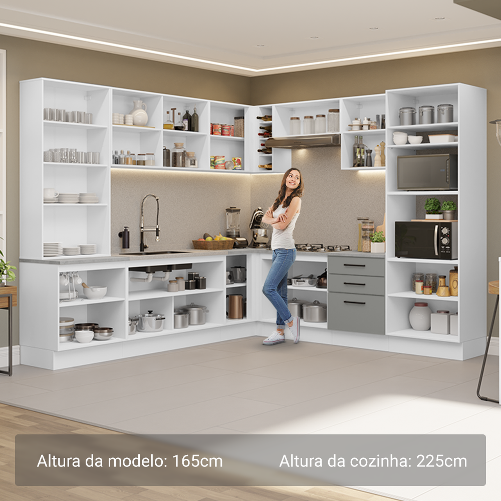 Armário de Cozinha Completa 549cm Branco/Cinza Agata Madesa 01