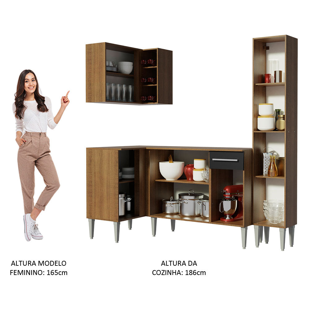Armário de Cozinha Completa de Canto 261cm Rustic/Preto Emilly Song Madesa 01