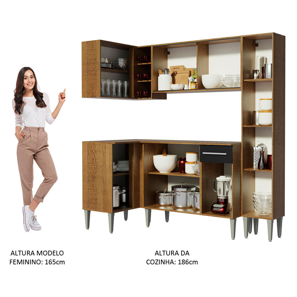 Armário de Cozinha Completa de Canto 261cm Rustic/Preto Emilly Face Madesa 02
