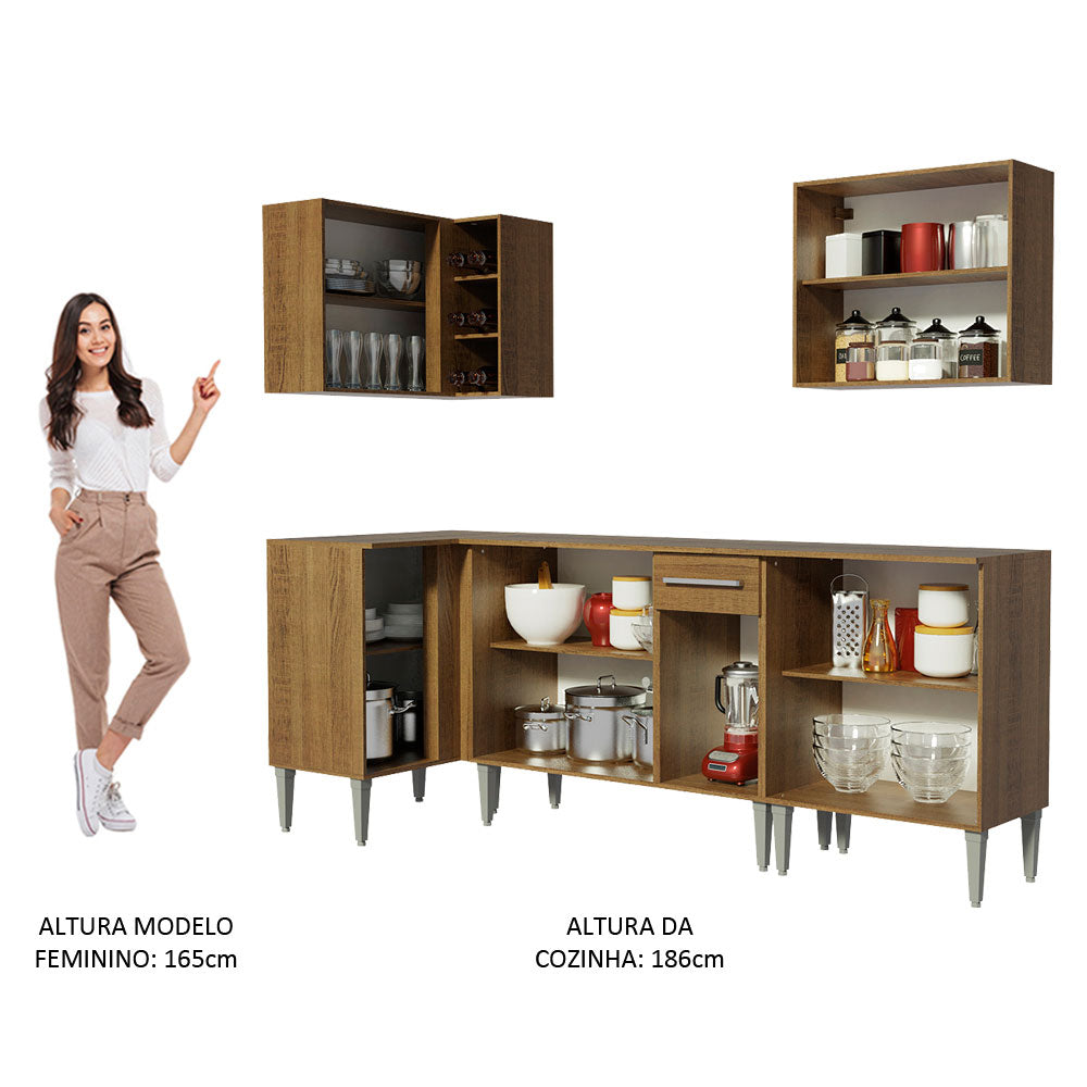 Armário de Cozinha Completa de Canto 293cm Rustic Emilly Open Madesa 01