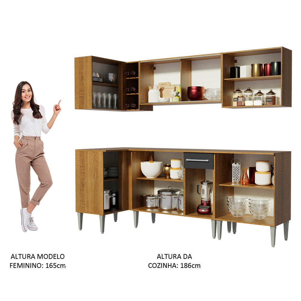 Armário de Cozinha Completa de Canto 293cm Rustic/Preto Emilly Play Madesa 04