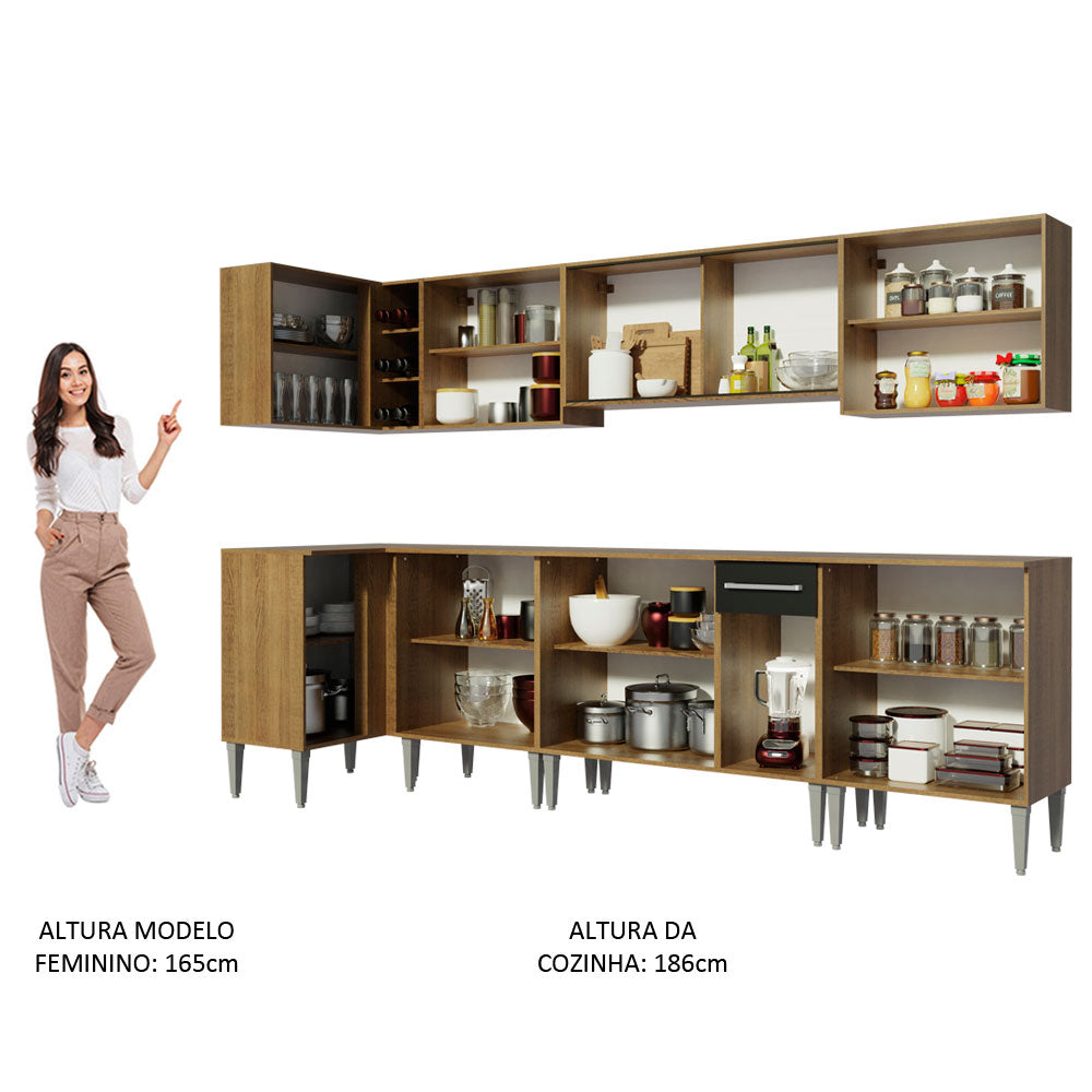 Armário de Cozinha Completa de Canto 357cm Rustic/Preto Emilly Jazz Madesa 02