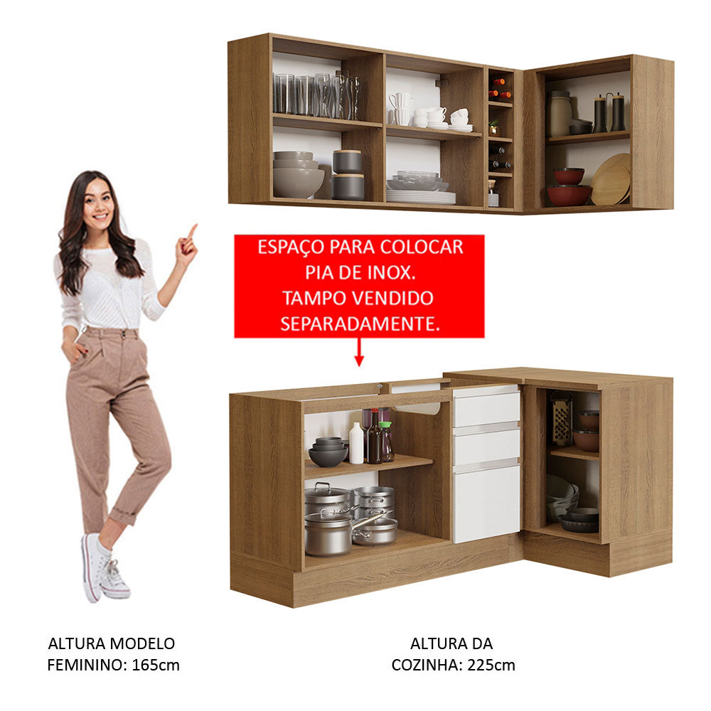 Armário de Cozinha Compacta de Canto 269cm Rustic/Branco Glamy Madesa 01