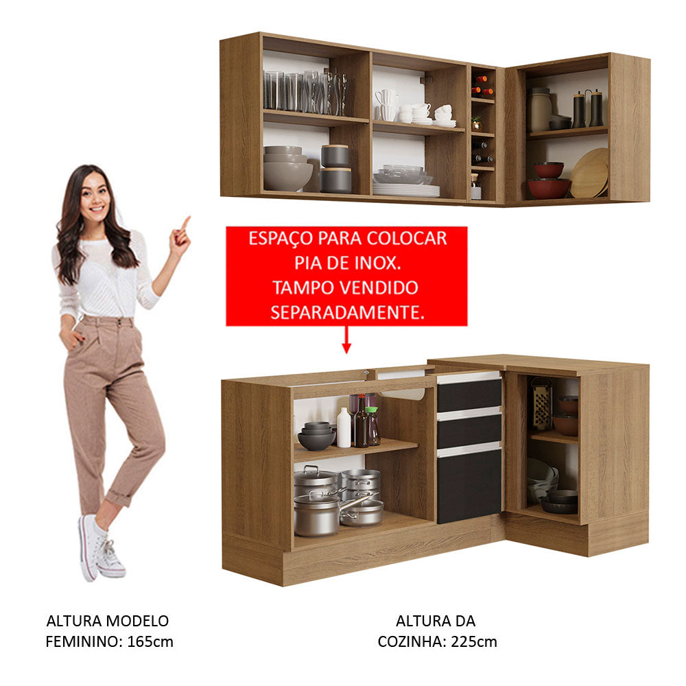Armário de Cozinha Compacta de Canto 269cm Rustic/Preto Glamy Madesa 01