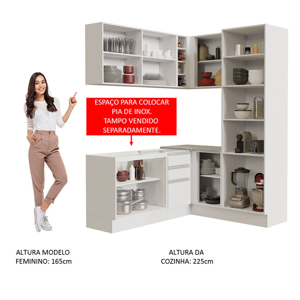 Armário de Cozinha Completa de Canto 329cm Branco Glamy Madesa 01