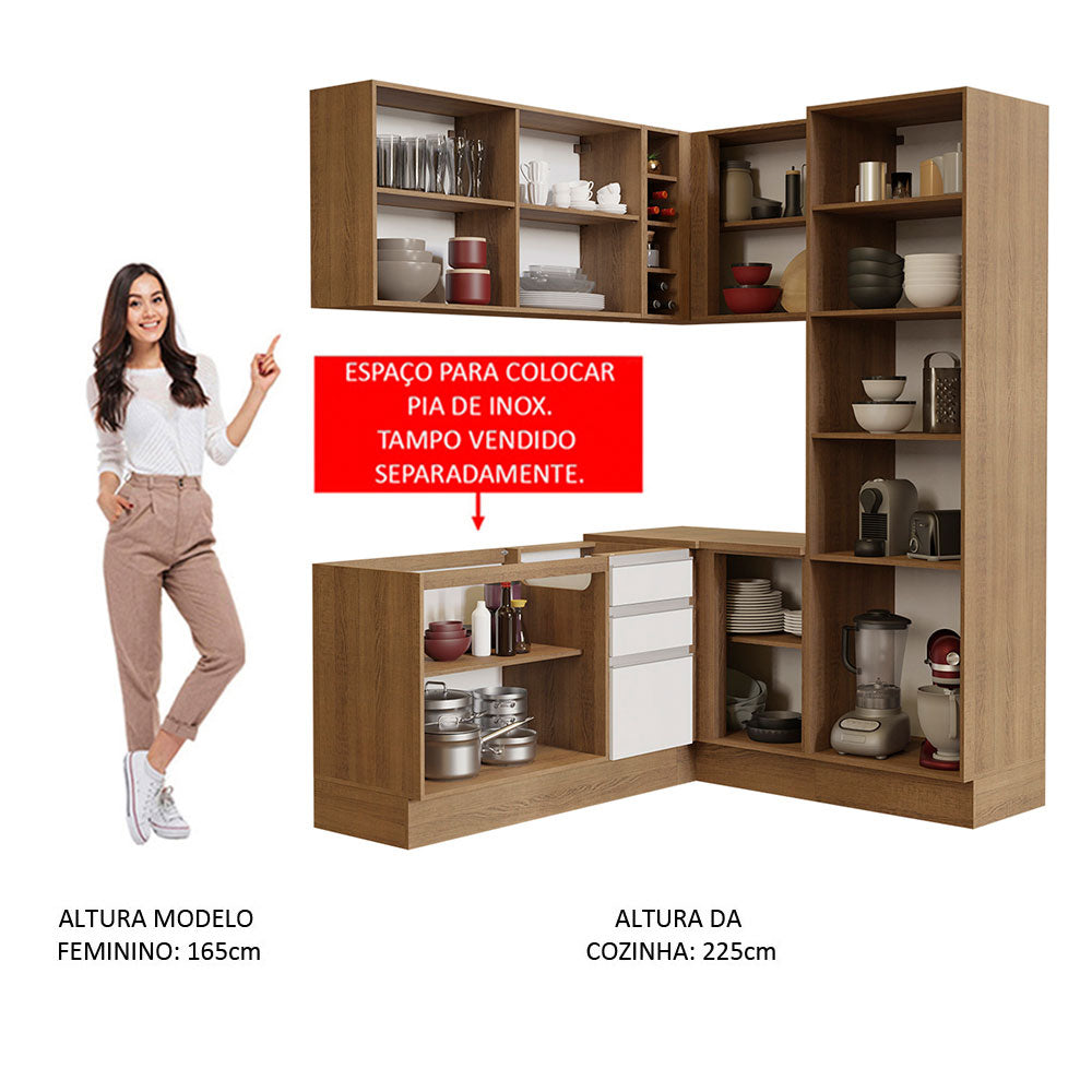 Armário de Cozinha Completa de Canto 329cm Rustic Branco Glamy Madesa 01