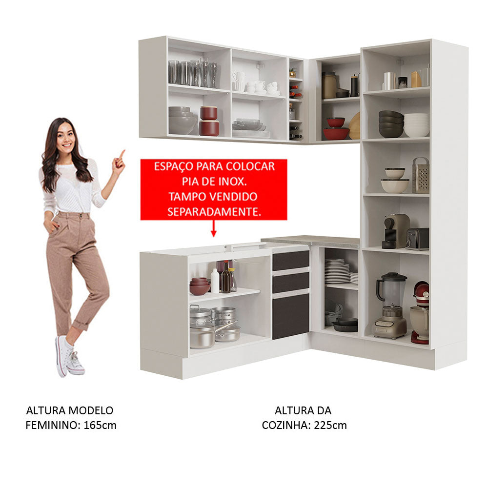 Armário de Cozinha Completa de Canto 329cm Branco Preto Glamy Madesa 01