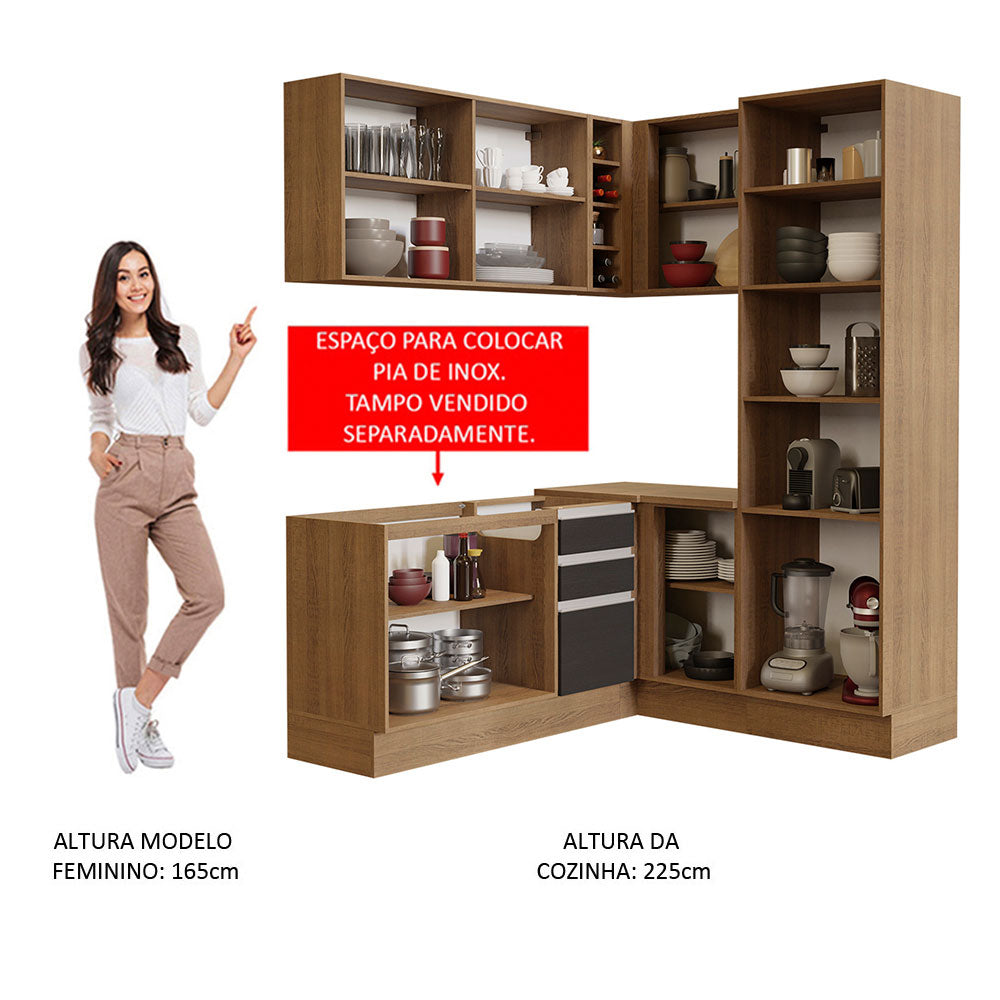 Armário de Cozinha Completa de Canto 329cm Rustic Preto Glamy Madesa 01