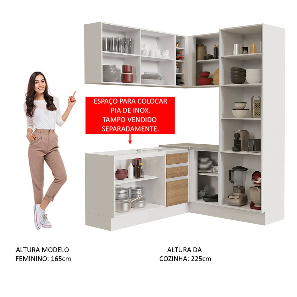 Armário de Cozinha Completa de Canto 329cm Branco Rustic Glamy Madesa 01