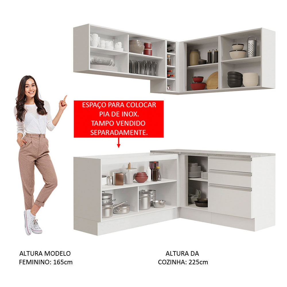 Armário de Cozinha Completa de Canto 329cm Branco Glamy Madesa 02