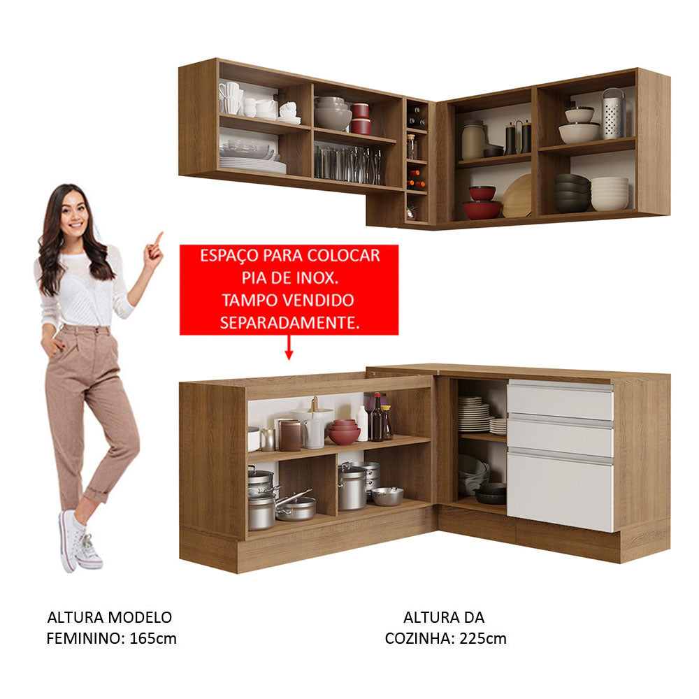 Armário de Cozinha Completa de Canto 329cm Rustic Branco Glamy Madesa 02