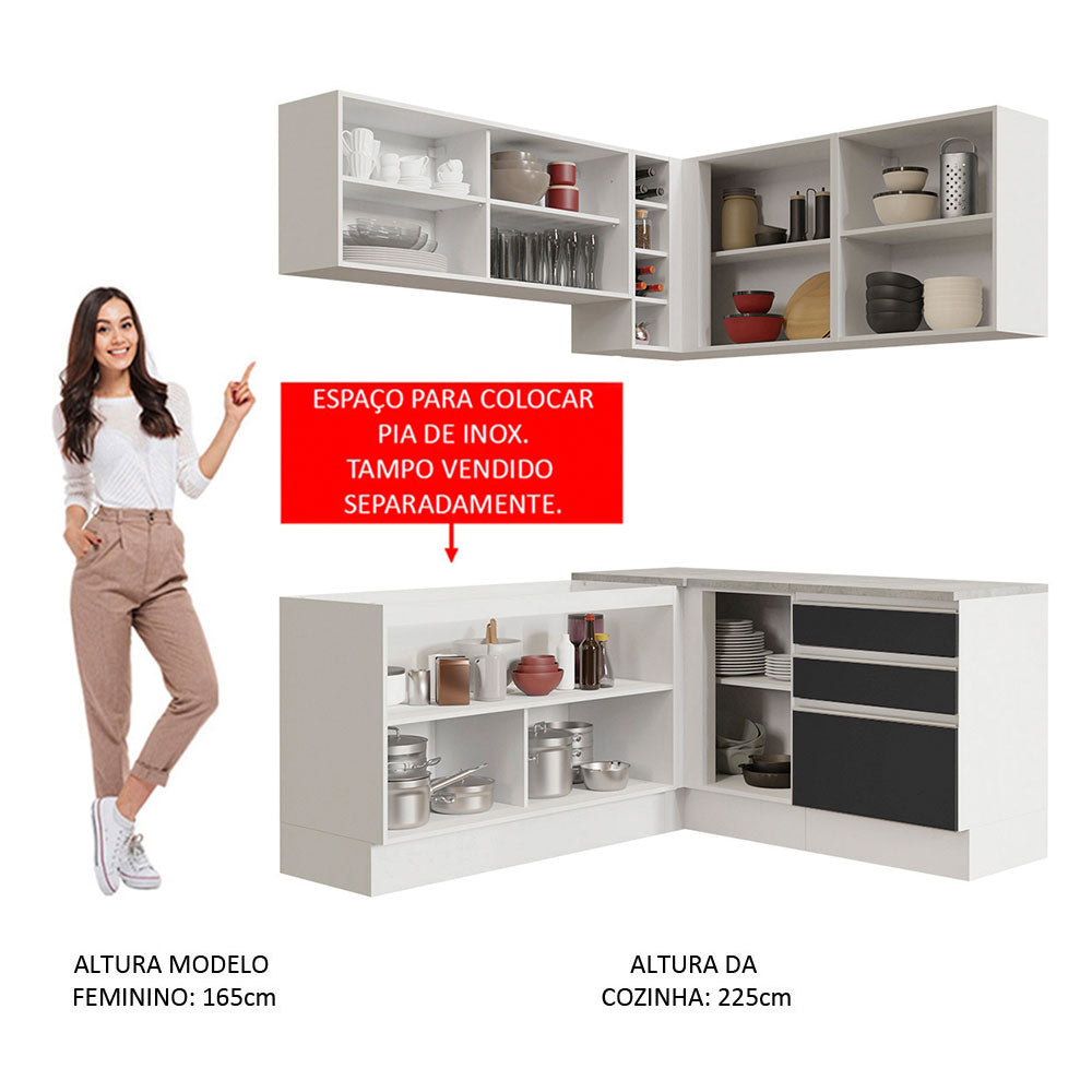 Armário de Cozinha Completa de Canto 329cm Branco Preto Glamy Madesa 02