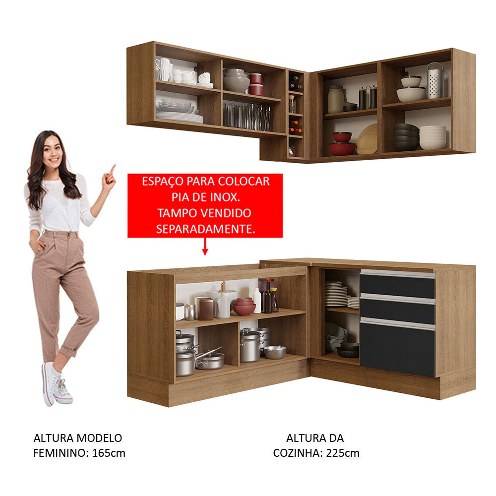 Armário de Cozinha Completa de Canto 329cm Rustic Preto Glamy Madesa 02