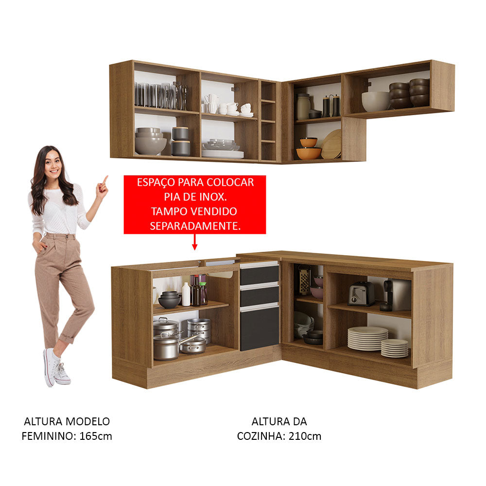 Armário de Cozinha Completa de Canto 349cm Rustic/Preto Glamy Madesa 01