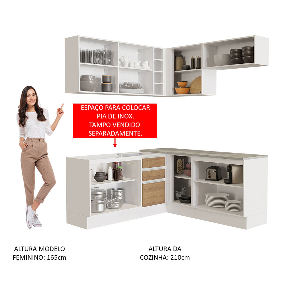 Armário de Cozinha Completa de Canto 349cm Branco/Rustic Glamy Madesa 01