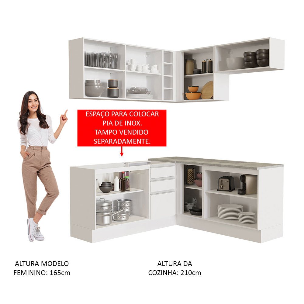Armário de Cozinha Completa de Canto 349cm Branco/Branco/Crema Glamy Madesa 01