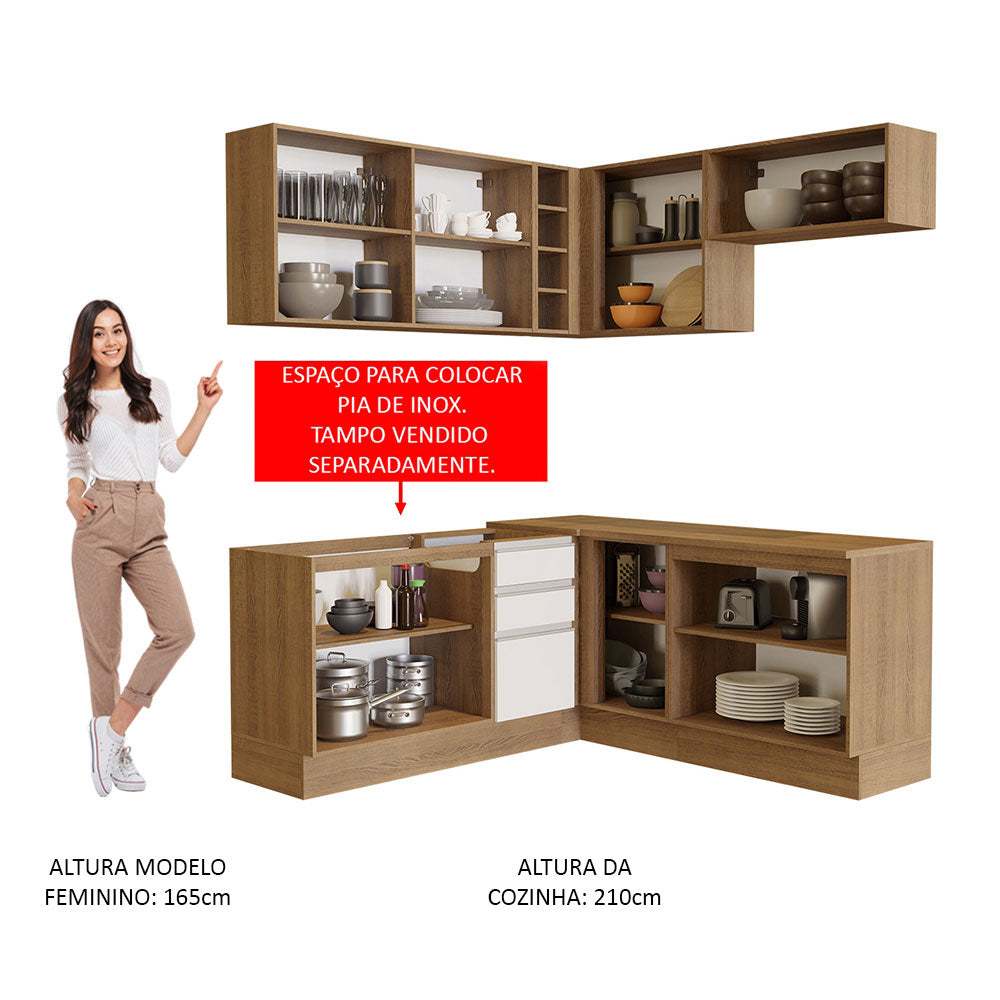 Armário de Cozinha Completa de Canto 349cm Rustic/Branco/Crema Glamy Madesa 01