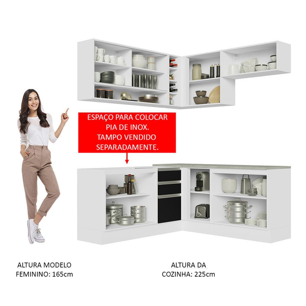 Armário de Cozinha Completa de Canto 349cm Branco Preto Glamy Madesa 02