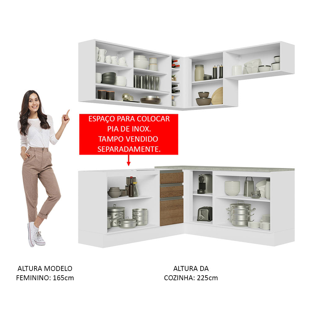 Armário de Cozinha Completa de Canto 349cm Branco Rustic Glamy Madesa 02
